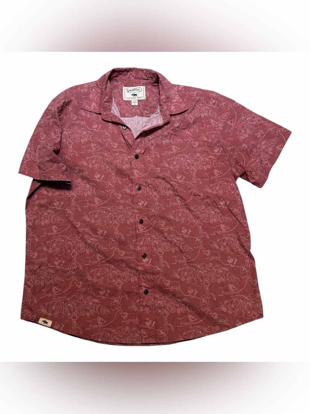 Western Aloha Wildlife Print Short Sleeve Button Down Shirt Maroon 2X